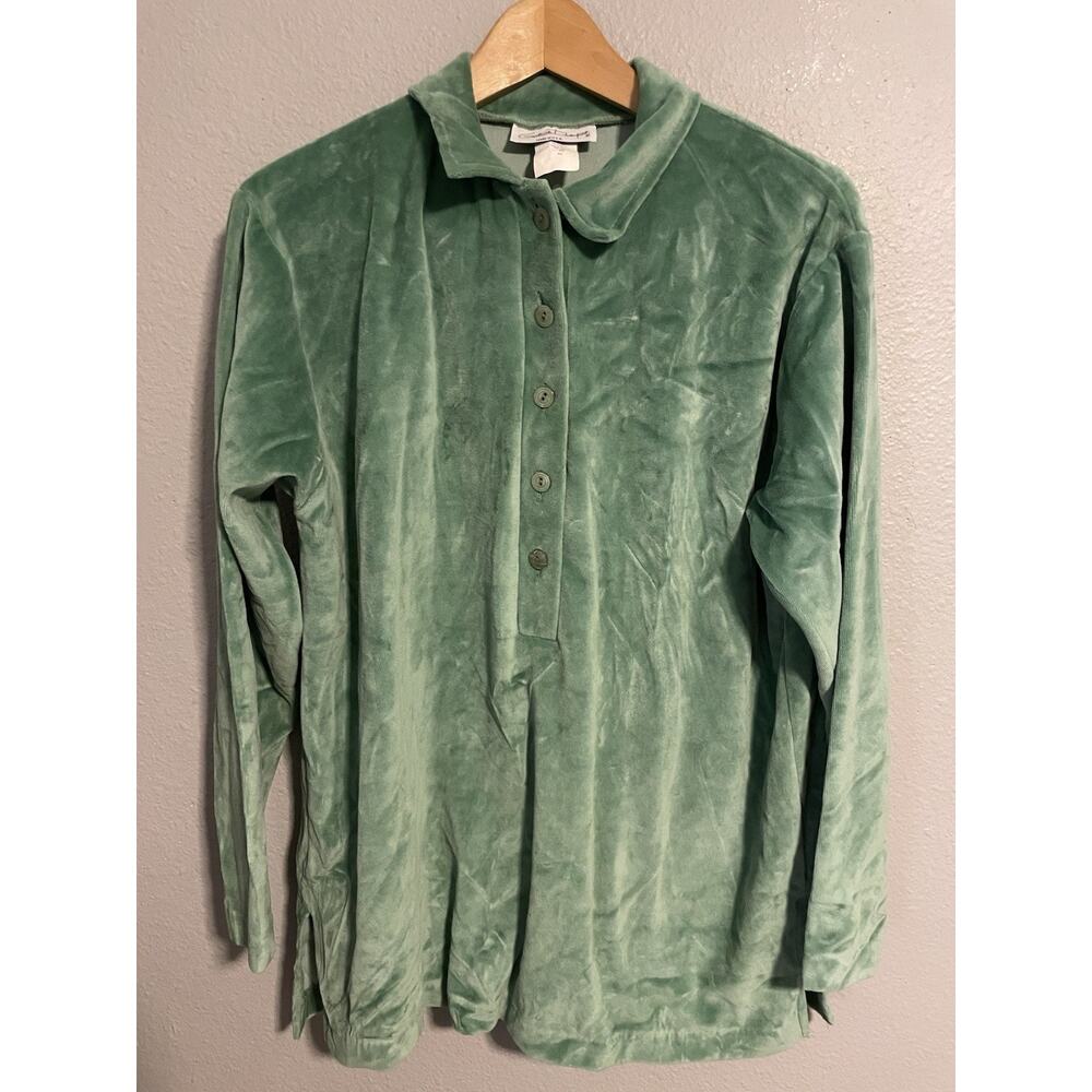 Vintage Gertrude Davenport Women Top Medium Green Terry Velour Popover Retro 80s
